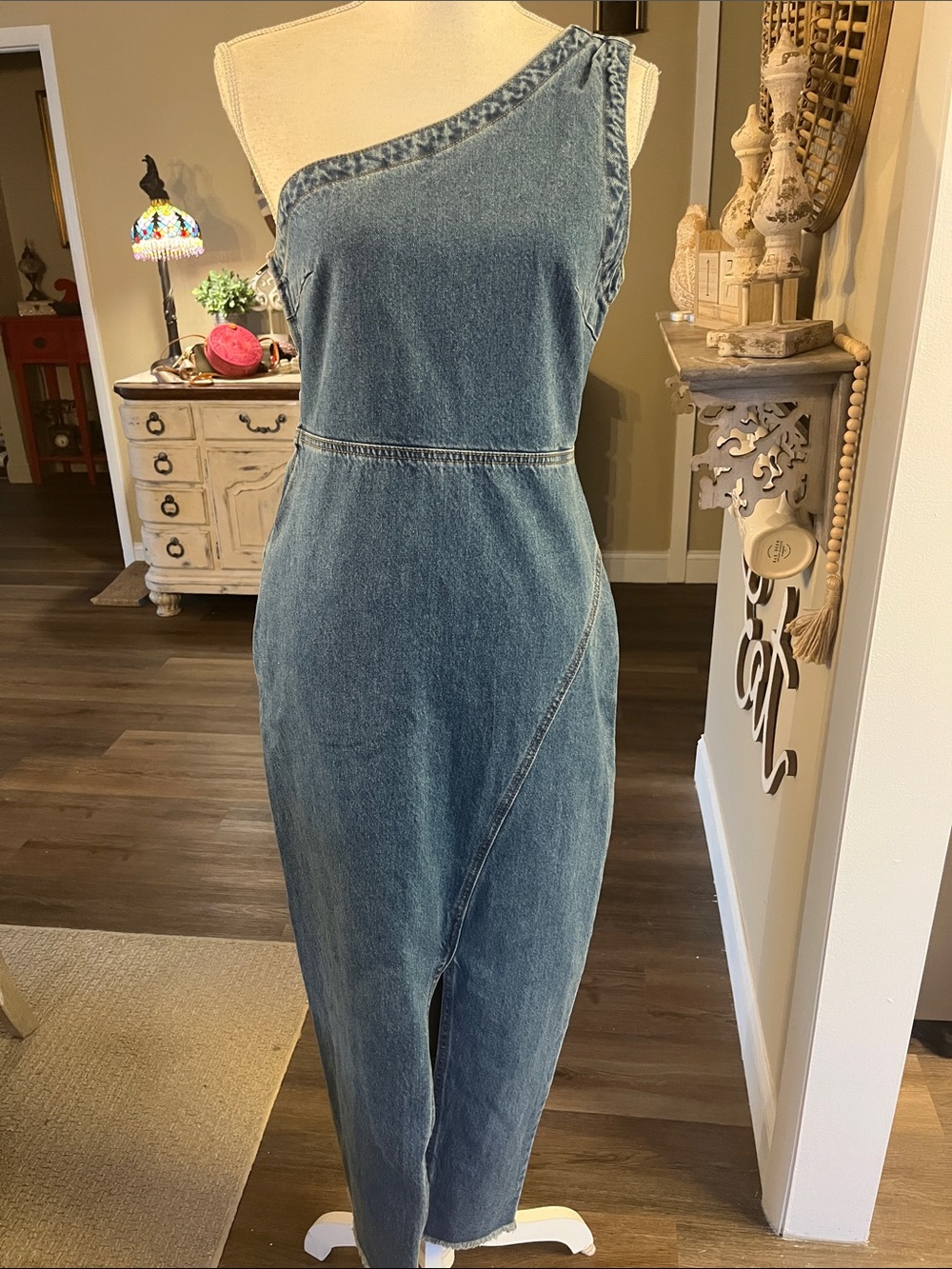 Forever 21 One-Shoulder Denim Midi Dress in Blue